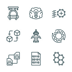 set of 9 linear icons from artificial intellegence concept. outline icons such as high speed tube, future brain, match moving, memory transfer, binary, graphene vector