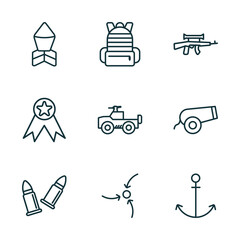 set of 9 linear icons from army and war concept. outline icons such as depth charge, army backpack, assault, two bullets, strategy, anchor vector