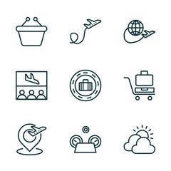 set of 9 linear icons from airport terminal concept. outline icons such as duty free basket, plane flying, trip, airport placeholder, flight panel, cloudy day vector
