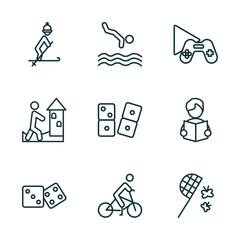 set of 9 linear icons from activity and hobbies concept. outline icons such as skiing, jumping to the water, game playing, table game, biking, butterfly catcher vector