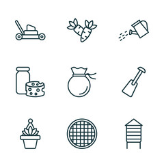 set of 9 linear icons from agriculture farming concept. outline icons such as mower, carrots, watering, hanging pot, riddle tool, silo vector