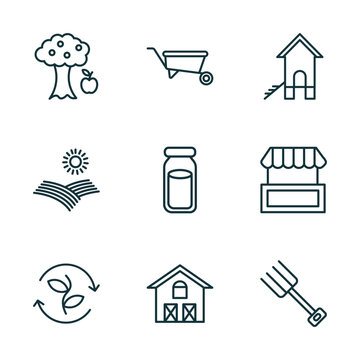 set of 9 linear icons from agriculture farming concept. outline icons such as monoculture, barrow, chicken coop, crop rotation, farm house, farming fork vector