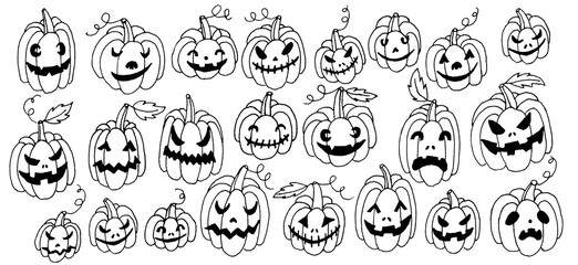 Set of hand drawn line art halloween holiday pumpkins with different shaped, creepy spooky eyes, smiles and leaves isolated on white.Web design elements for print,autumn decor.