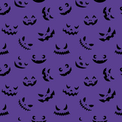 Line art doodle simple seamless pattern with different spooky creepy funny eyes and smiles halloween party backdrop.On purple background