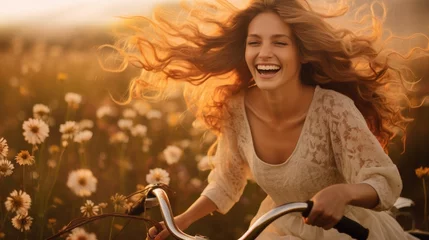 Deurstickers Fiets Middle-aged beautiful woman joyfully riding a bicycle through a blooming meadow, her hair flowing freely in the wind. Generative AI