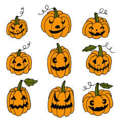 Set of hand painted line art halloween holiday pumpkins with different shaped, creepy spooky eyes, smiles and leaves isolated on white.Web design elements for print,autumn decor.