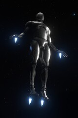 Obraz na płótnie Canvas Flying metal robot at night time 3d rendering.