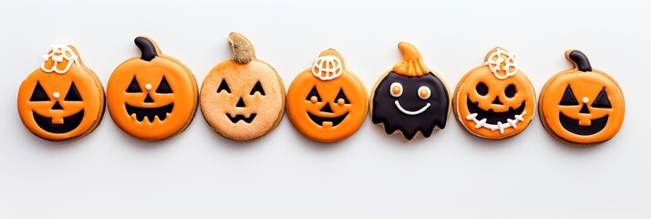 Homemade Halloween cookies on a white background, top view. With Generative AI technology © Мария Фадеева