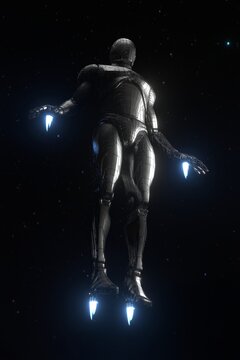 Flying metal robot at night time 3d rendering.