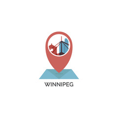 Canada Winnipeg map pin point geolocation modern skyline shape pointer vector logo icon isolated illustration. Canadian Manitoba province pointer emblem with landmarks and building silhouettes