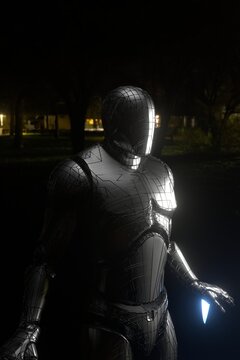 Flying metallic robot at night 3d rendering.