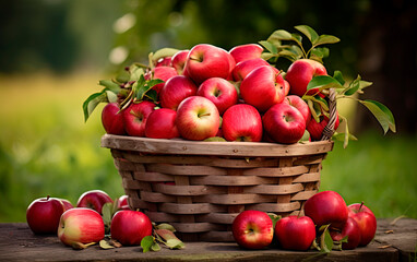 freshly picked apples in a basket at the apple orchard	
