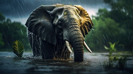 Epic Photography Shot of Elephant on Rainy Day. Lively Rainy Season Concept. Generative Ai