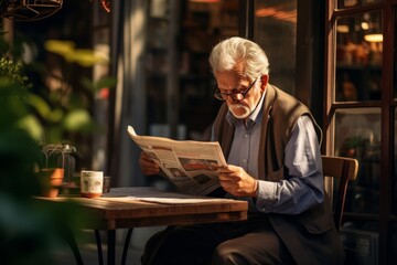 Gray elderly man reading newspaper sitting on the cafe terrace