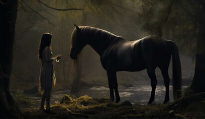 horse in the night with girl