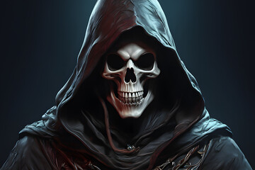 Death in a cloak with a hood. Scary grim reaper. Generative AI
 - obrazy, fototapety, plakaty
