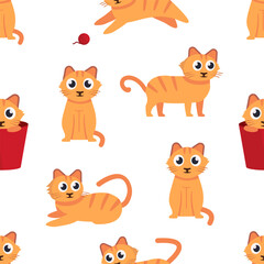 pets, kittens pattern. cartoon flat cats set, cats in different poses, home cute animals. vector cartoon seamless pattern.