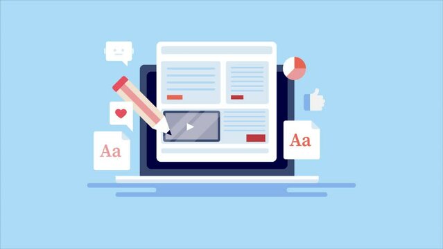 Content automation, writing content with the help of AI writing assistant, publishing GPT text content on blog and share on social media, blog article page on laptop screen, video animation.