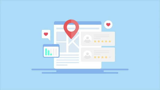 Local search business listing search engine marketing strategy, red pin displays on city map route, customer review feedback on search page, SEO concept, video animation.