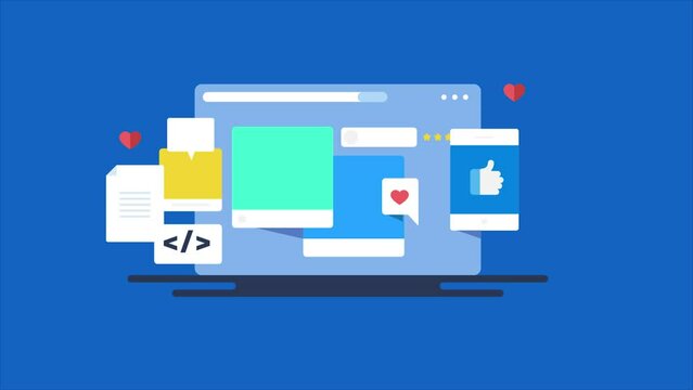 Video animation concept of social media marketing online business posting content on social network, customer engagement strategy, web application window.