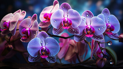 Orchid Twilight: Vibrant Orchids Glistening with Dewdrops at Dusk 