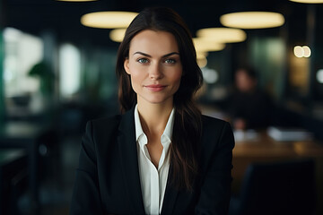 Smiling adult businesswoman wearing suit in office. Career, success, financial and business portrait of stylish confident woman manager looking at camera