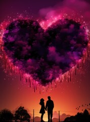 A man and a woman standing in front of a heart shaped cloud. AI.