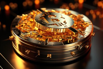 A golden bit coin sitting on top of a black table. AI.