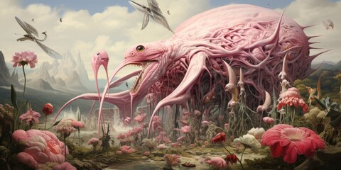 A painting of a giant pink monster surrounded by flowers. AI. - obrazy, fototapety, plakaty