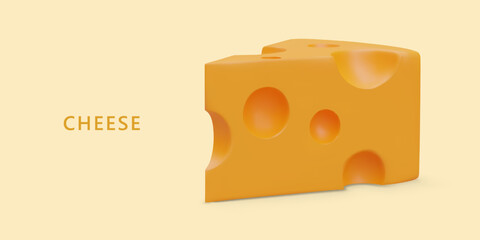 Realistic piece of cheese on colored background. Concept for dairy department. Advertisement of cheese shop. Sign for farm goods at fair. Label template