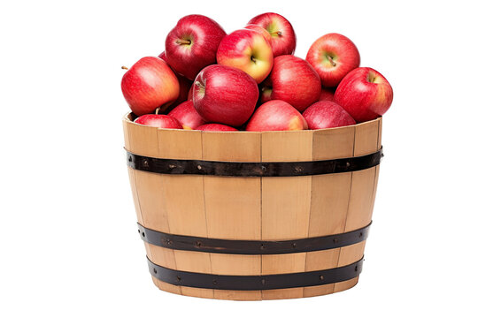 Apples in a wooden barrel isolated on transparent or white background, png