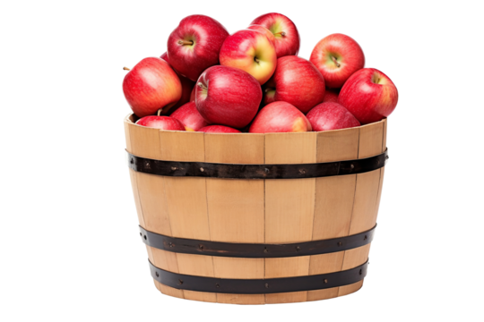 Apples in a wooden barrel isolated on transparent or white background, png