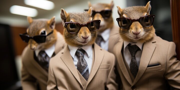 A group of squirrels wearing suits and sunglasses. AI.