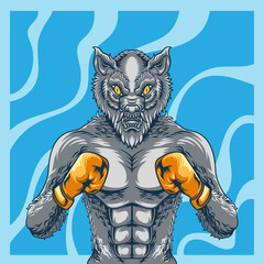 vector illustration of a humanoid wolf wearing boxing gloves, animal boxing character