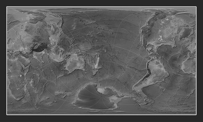 Kermadec tectonic plate. Grayscale. Patterson Cylindrical Oblique. Boundaries