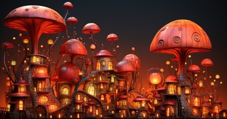 A group of mushrooms that are standing in the grass. AI.