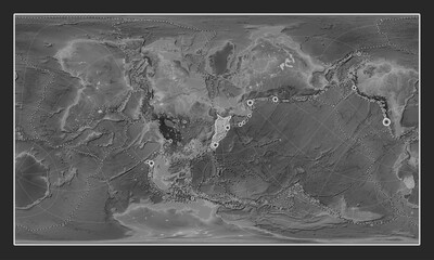 Okhotsk tectonic plate. Grayscale. Patterson Cylindrical Oblique. Earthquakes and boundaries