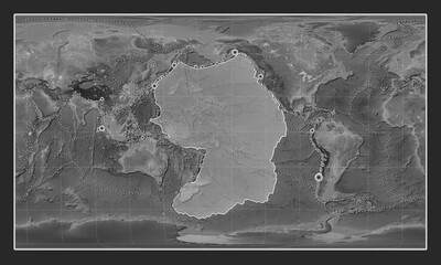 Pacific tectonic plate. Grayscale. Patterson Cylindrical Oblique. Earthquakes and boundaries