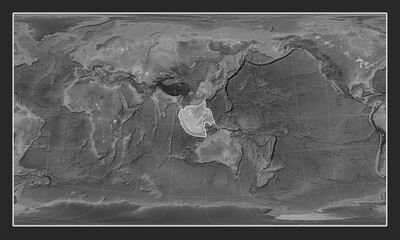 Sunda tectonic plate. Grayscale. Patterson Cylindrical Oblique.
