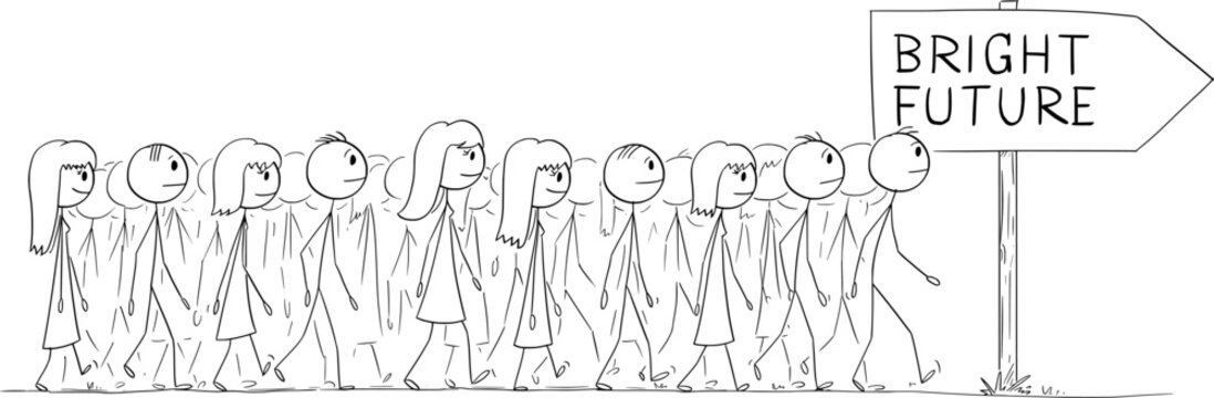 Group or Crowd of People Walking Together to Bright Future, vector cartoon stick figure or character illustration