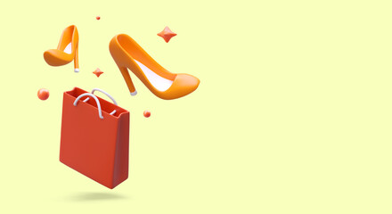 Concept of shopping in shoe store. Floating 3D shoes, red paper bag with handles. Vector banner on yellow background. Shopping time. Promotional template