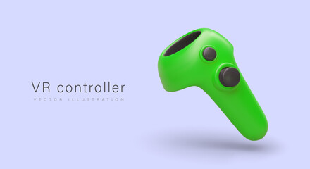 Green virtual reality controller. Advertisement of store of modern gadgets. Devices for interaction with VR. Bright banner with realistic illustration. Concept for computer clubs