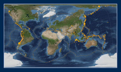 Arabian tectonic plate. Satellite. Patterson Cylindrical Oblique. Earthquakes and boundaries