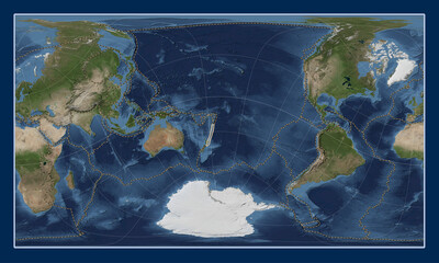 Kermadec tectonic plate. Satellite. Patterson Cylindrical Oblique. Boundaries