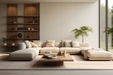 Modern interior of open space with design modular sofa, furniture, wooden coffee tables in stylish home decor. Neutral living room.