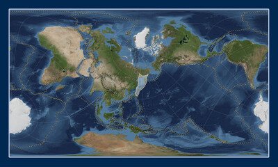 Okhotsk tectonic plate. Satellite. Patterson Cylindrical Oblique. Boundaries
