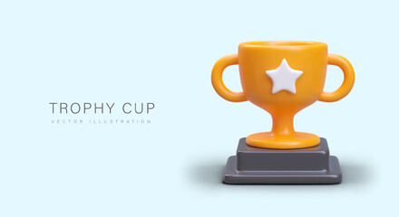 3D trophy cup on stand. Golden cup of winner. First place prize. Sport victory, champion award. Competition, tournament, contest announcement vector template. Banner in cartoon style