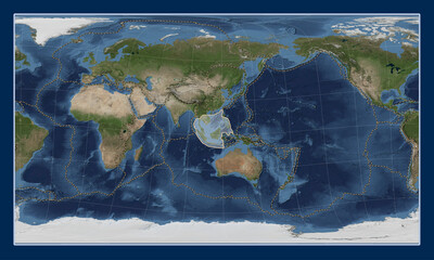 Sunda tectonic plate. Satellite. Patterson Cylindrical Oblique. Boundaries