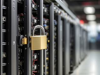 Security padlock between server tower, Generate Ai