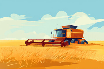 Fototapeta premium summer landscape. a harvesting machine in the wheat field. minimalist flat illustration design. AI generated